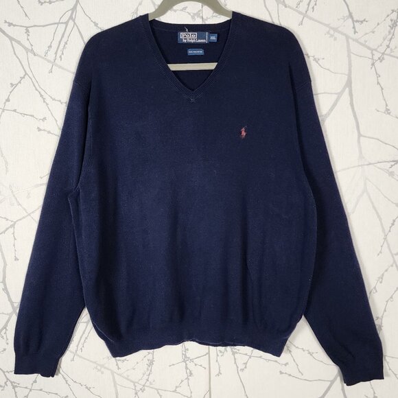 Polo Ralph Lauren Navy 100% Pima Cotton Knit V-Neck Sweater - Picture 1 of 5